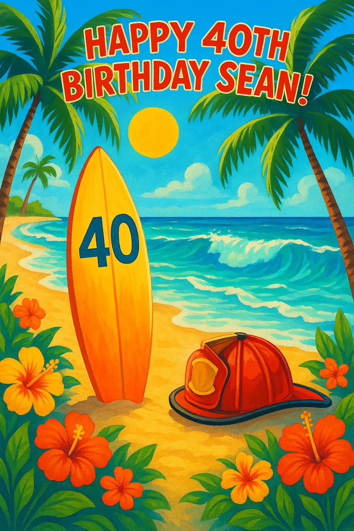 Last year's painted birthday card: a beach scene with a surfboard marked 40 and a red fire helmet in the sand