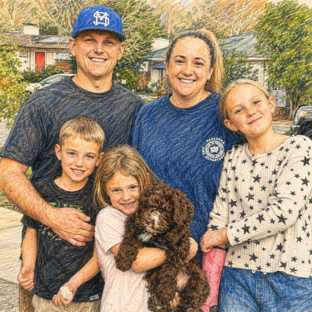 Sean with his family and their curly brown dog, all smiles on a sunny day